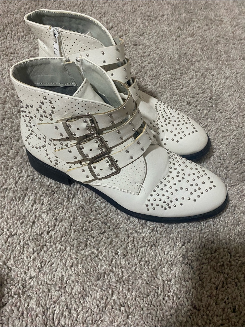 White Studded Buckle Ankle Boots for Women